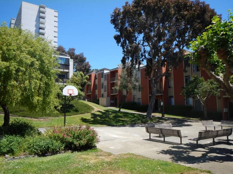 Photo of plaza with trees, basketball court, surrounded by three-story buildings