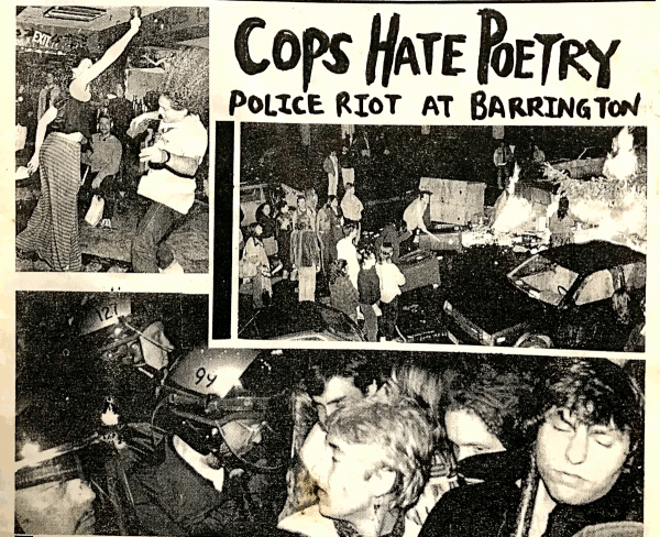 Newspaper cover with headline Cops Hate Poetry: Police Riot at Barrington