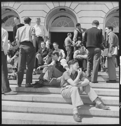 Students on the steps of Wheeler Hall at the University of California in 1940